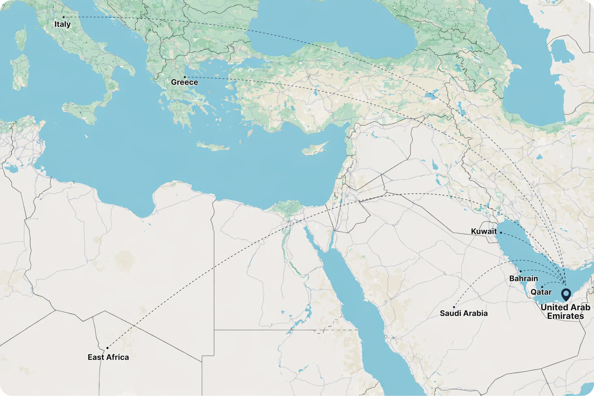 Strategic regions of engagement: Saudi Arabia, East Africa, Greece, Italy, Bahrain, Qatar, Kuwait, and the United Arab Emirates